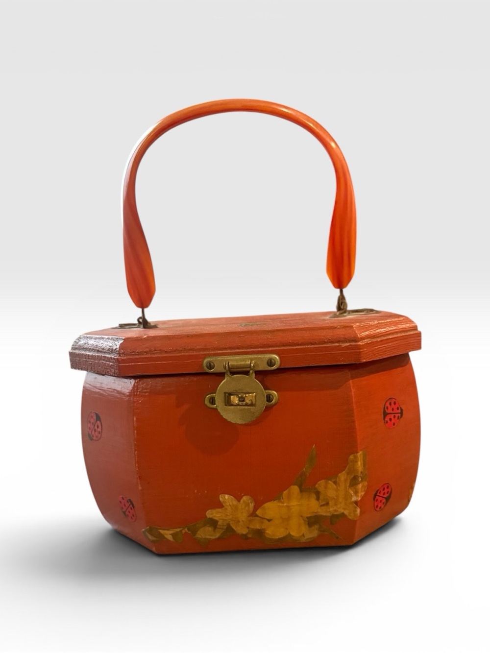 Vintage Orange Floral and Ladybug Wooden Handbag